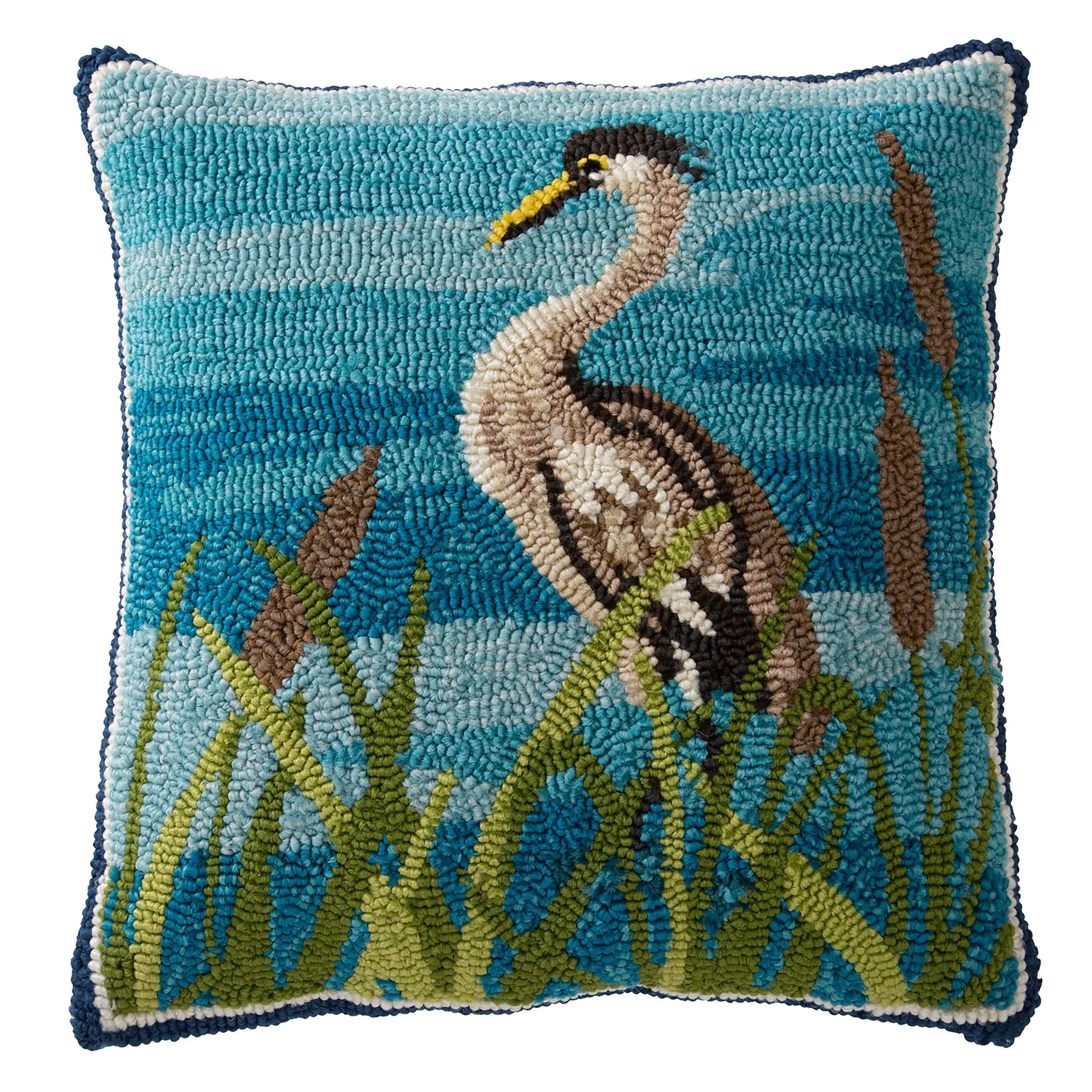 Indoor/Outdoor Blue Heron Hooked Polypropylene Throw Pillow