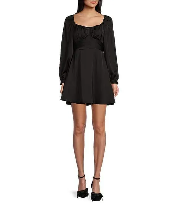 Satin Long Sleeve Tie Waist Mini Dress