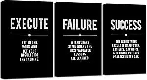 Framed Canvas Wall Art Success Quote For Office, Black Large Positive Motivational Poster, Set of 3, Execute Failure Definition, Inspirational Print (A-3pcs,12x16inchx3pcs)