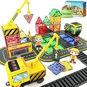 Magnetic Tiles Magnetic Construction Set with 2 Cranes Boys Toys for Ages 3-5 5-7 8-10 Building Toys Includes Crane, Road Tracks, Train, Train Tracks, Dolls, Car Toy, Traffic Lights and Stations
