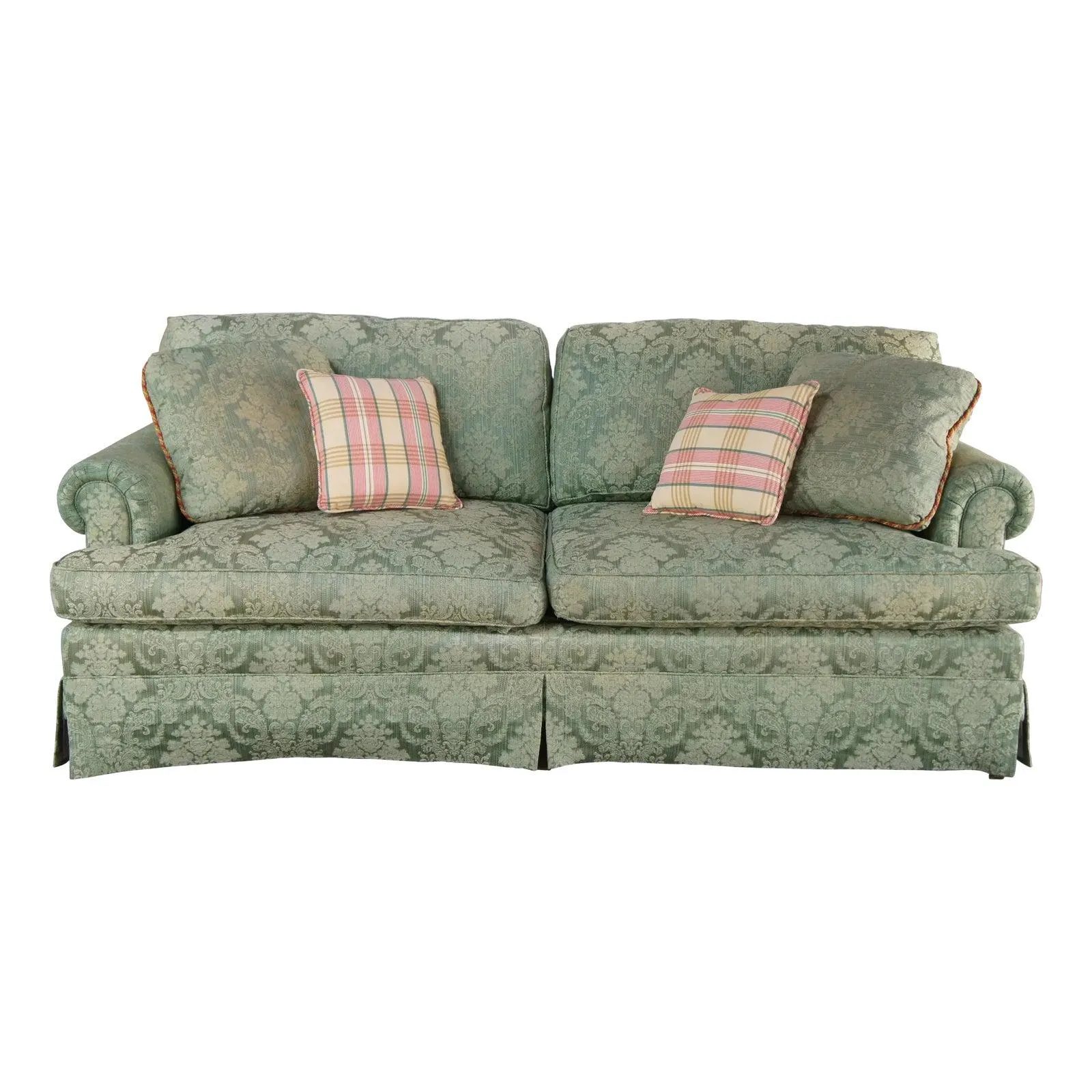 Late 20th Century Vintage Baker French Damask Green 2 Seat Rolled Arm Down Filled Sofa Couch