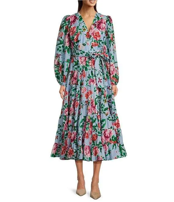 Woven Floral Print Poplin V-Neck Long Blouson Sleeve Tie at Side Wrap A-Line Flounce Midi Dress