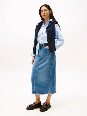Lightweight Denim Straight Midi Skirt