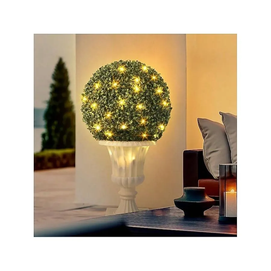 Qeetex White 16Inchartificial Plant Topiary Ball-Pre Lit Artificial Topiary Plant With Lights-Timer And Remote Control-Artificial Outdoor Porch Trees With Light Base For Outdoor Indoor