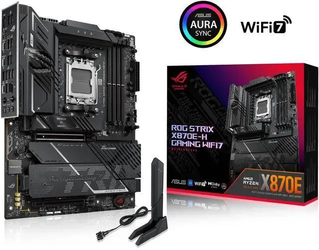 ASUS ROG STRIX X870E-H GAMING WIFI7 AMD X870E-H ATX motherboard with 16+2+1 power stages, Dynamic OC Switcher, Core Flex, DDR5 AEMP, WiFi 7, 4x M.2, PCIe 5.0, Q-Release, dual USB4 ports and USB 10Gbps Type-C