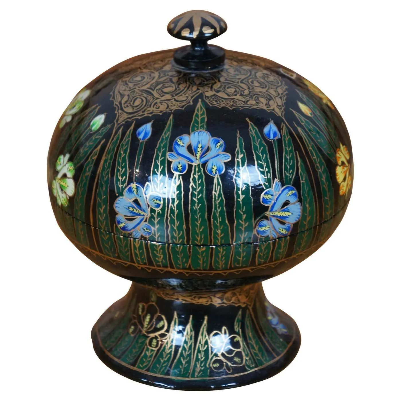 India Black Lacquer Kashmir Papier Mache Floral Candy Compote Trinket Box 7"