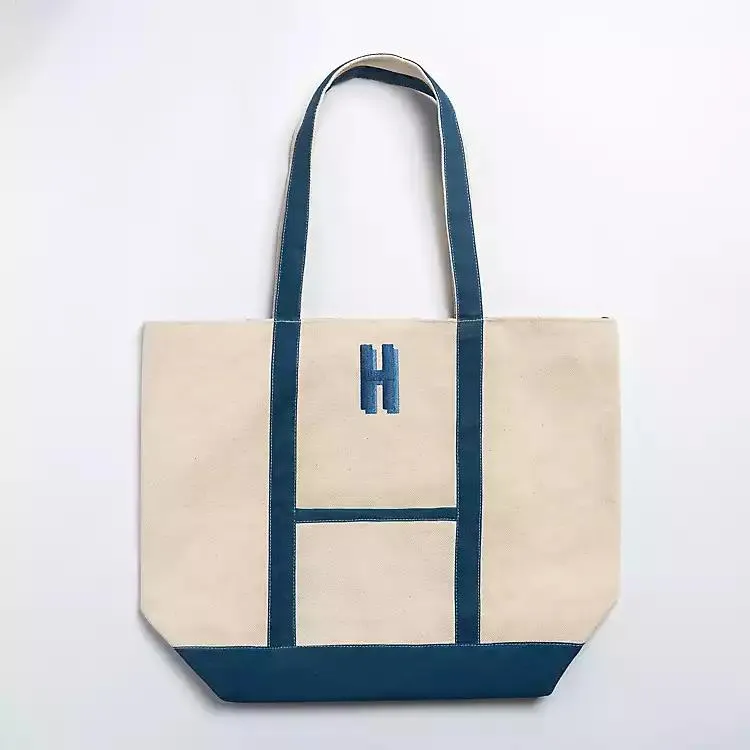 Blue Embroidered Monogram H Boat Tote