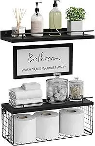 WOPITUES Floating Shelves for Bathroom Wall Decor Sign, Bathroom Organizers and Storage, Bathroom Shelves Over Toilet with Metal Guardrail-Black