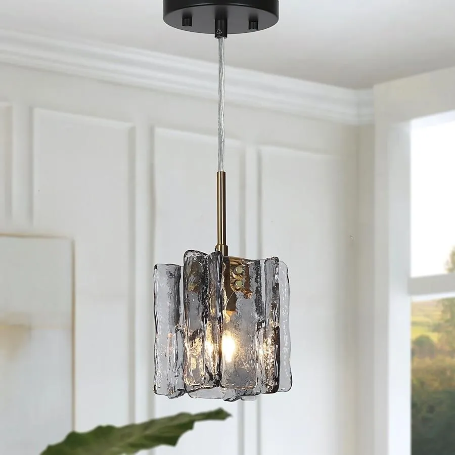 LNC Echonalyri 1 -Light Polished Gold and Black Artistic Gray Glass Modern/contemporary Ribbed glass Linear Mini Hanging Pendant light