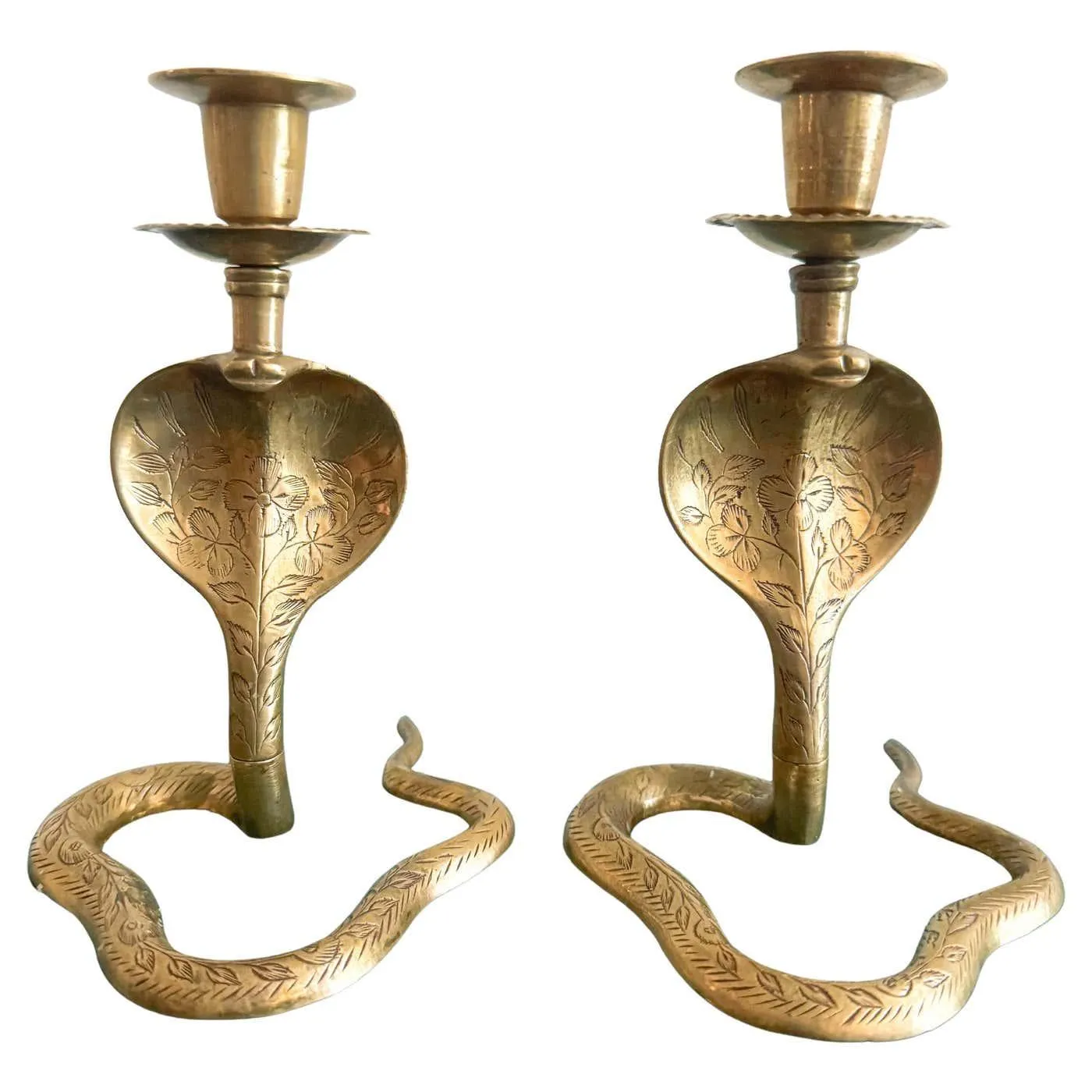 Pair of Vintage Brass Cobra Snake Candle Holders – Hand-Etched Revival Style