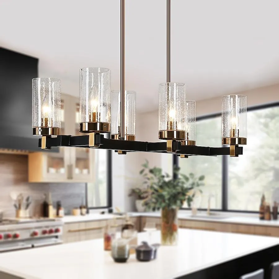 ZEVNI Fairyl 6 -Light Black and Brass Dining Room Chandelier Modern/contemporary Seeded glass Linear Large Hanging Kitchen island light