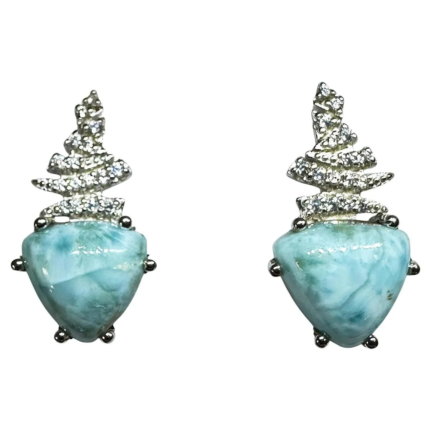 New 6 Carat Trillion Cut Dominican Larimar & Diamond Cut Sapphire Earrings