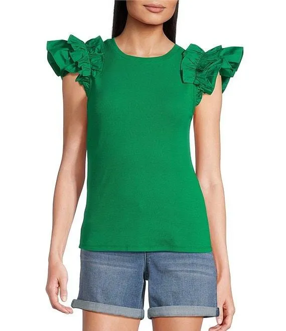 Ribbed Knit Crew Neck Contrasting Poplin Ruffled Short Sleeve Top
