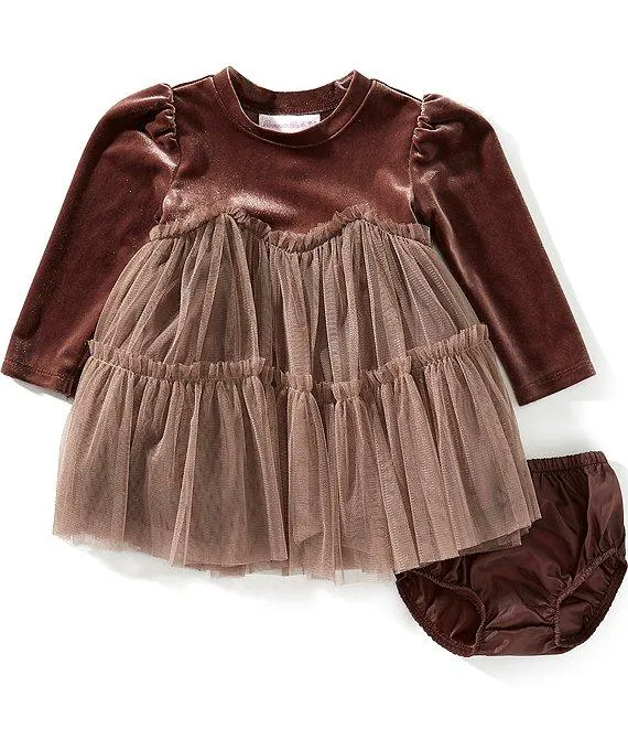 Baby Girls Long-Sleeve Stretch Velvet/Tiered Mesh Skirted Float Dress