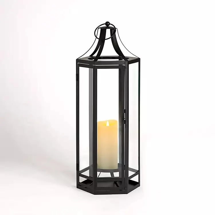 Black Hexagon Iron and Glass Lantern, 24 in.