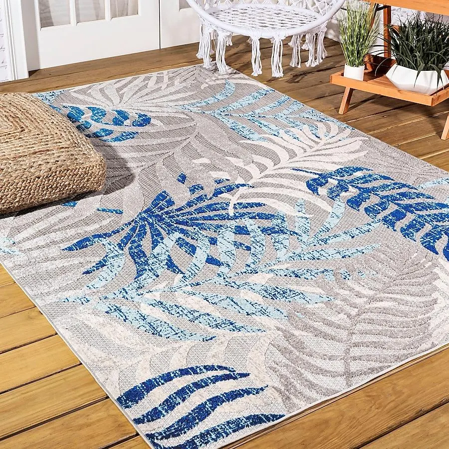 JONATHAN Y Amalfi Coast Tropics Palm Leaves 8 x 10 (ft) Loomed Polypropylene Gray/Blue Rectangular Indoor/Outdoor Floral/Botanical Coastal Area rug