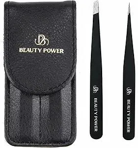 Precision Tweezers for Women Facial Hair & Men - Professional Tweezers Set with Slant & Point Tips, German Stainless Steel, PU Leather Travel Case, Lightweight & Ultra Precision Black