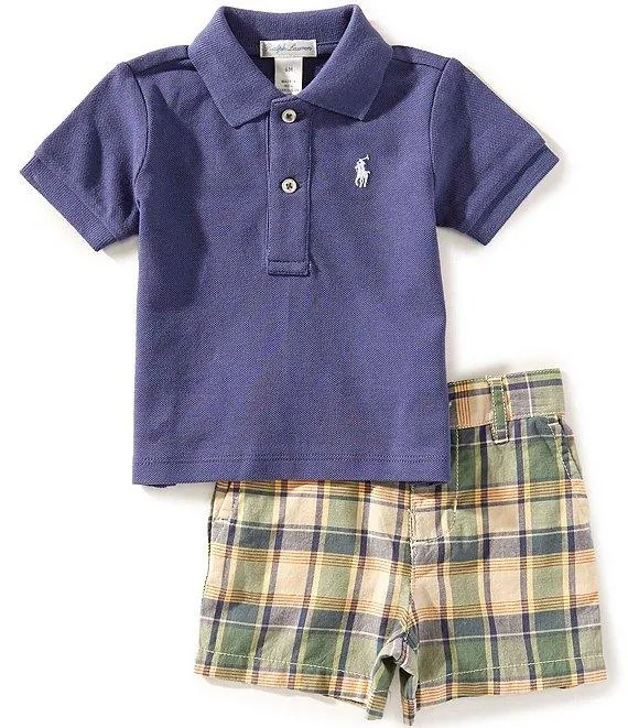Baby Boys Short Sleeve Solid Mesh Polo Shirt & Madras Woven Shorts Set