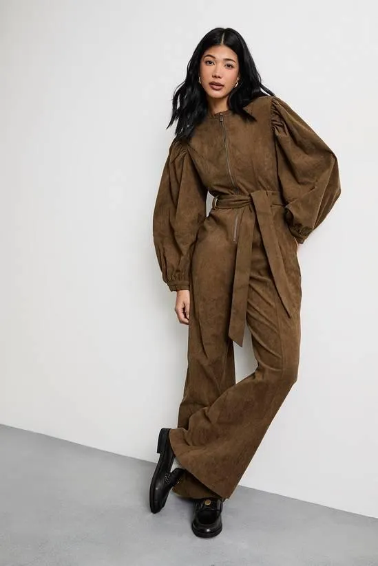Cord Zip Through Belted Jumpsuit
