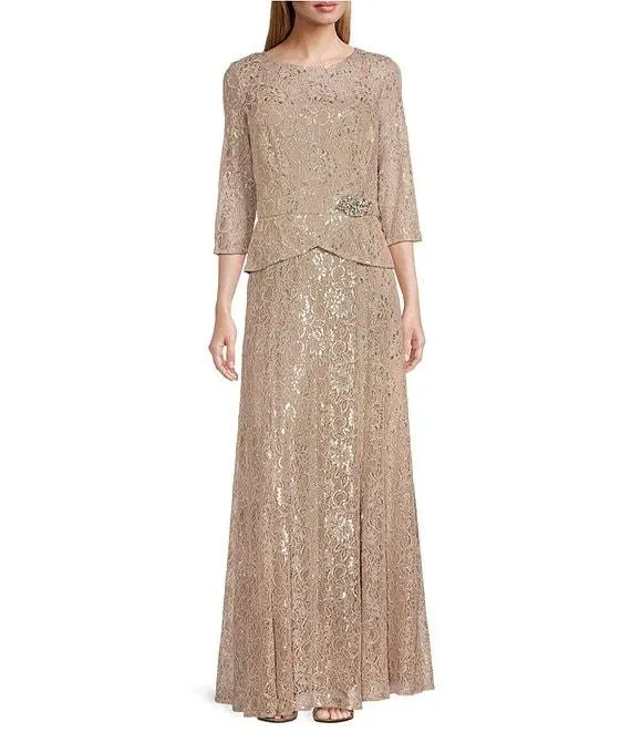 Metallic Lace Peplum Round Neck 3/4 Sleeve Gown