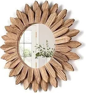 Honiway Wall Mirror Decorative 12 inch Rustic Wood Mirror Sunburst Boho Mirror for Entryway Bedroom Living Room Bathroom House Warming Gifts New Home Essential Carbonized Black