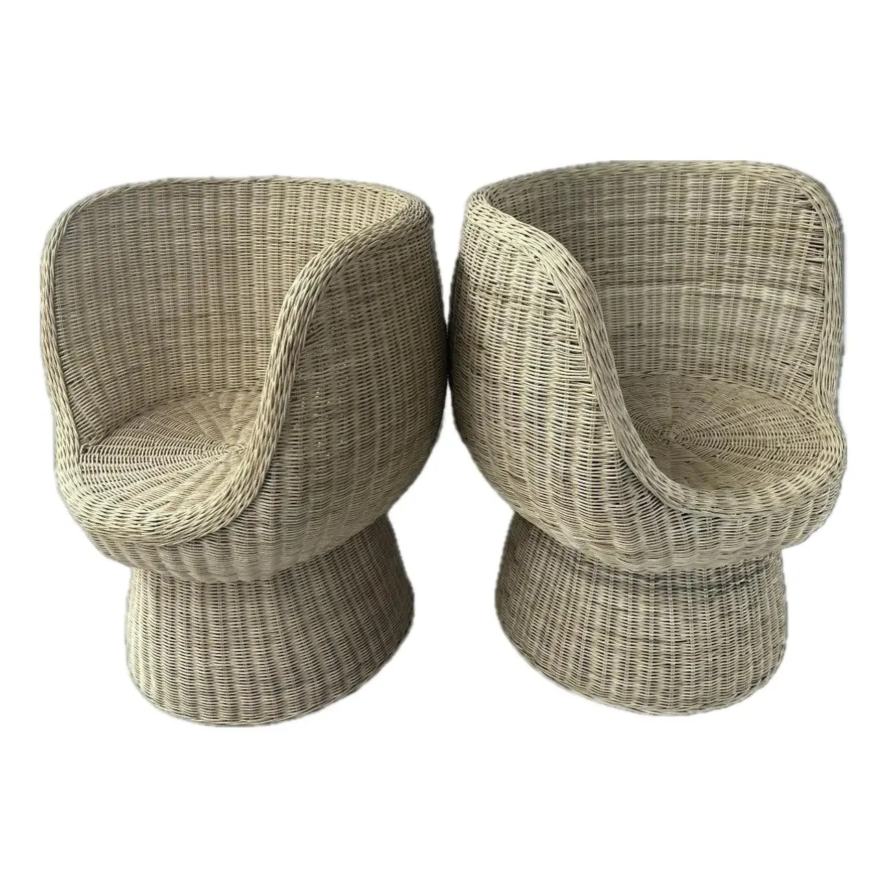 Vintage Wicker & Rattan French Lounge Chairs, Circa 1970s - A Pair