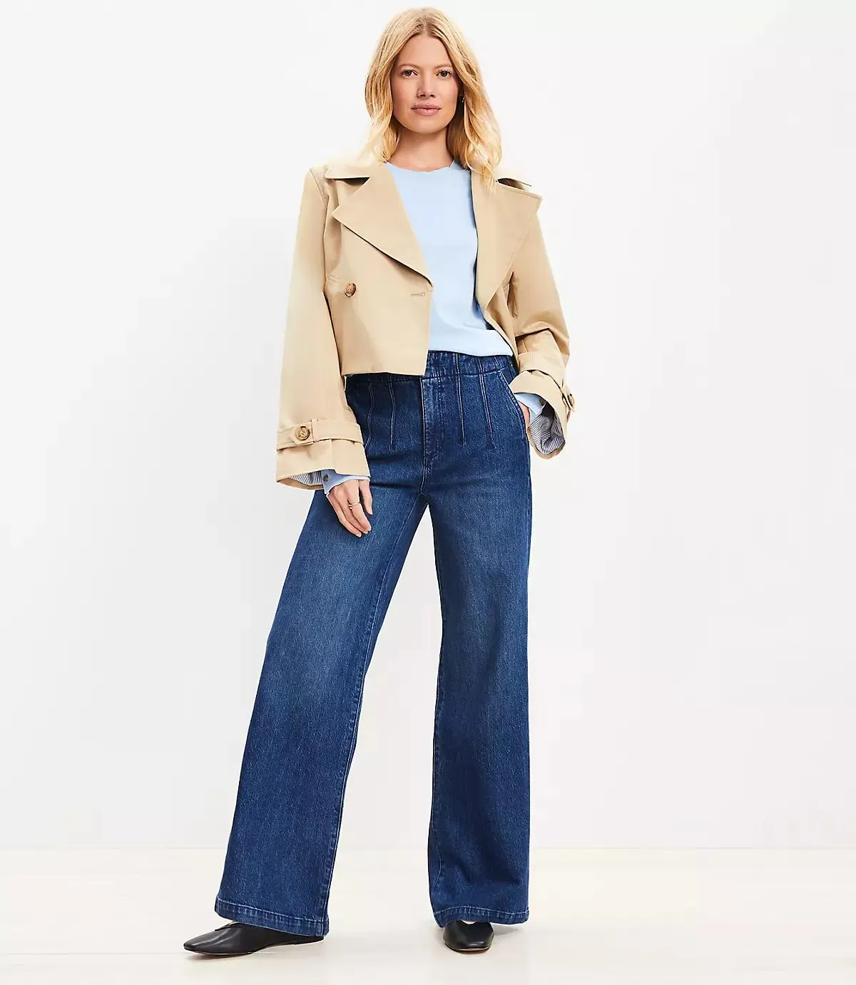 Pleated High Rise Wide Leg Jeans in Dark Wash