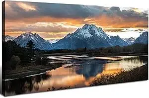 Sunset Mountain Wall Art for Living Room Nature Grand Teton Landscape Canvas Wall Decor National Park Posters Oxbow Bend Snake River Scenery Wyoming Painting Artwork Office Home Decoration 20x40"