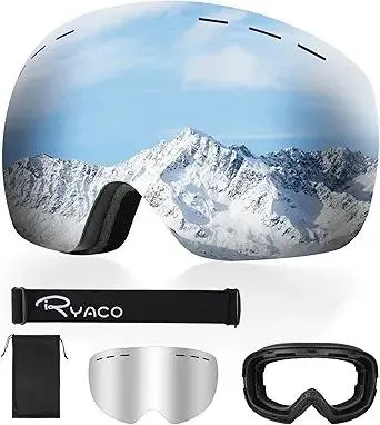 Ryaco Ski Snowboard Goggles, OTG Anti-Fog,100% UV Protection Spherical Frameless Snow Goggles, for Men Women Youth Adult
