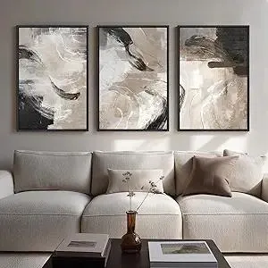 Large Framed Neutral Abstract Wall Art for Living Room, 3 Piece Modern Canvas Prints Paintings Artwork for Walls, Black Beige Brown Neutral Tone Pictures for Hallway Bedroom Office Wall Decor 24x36 In