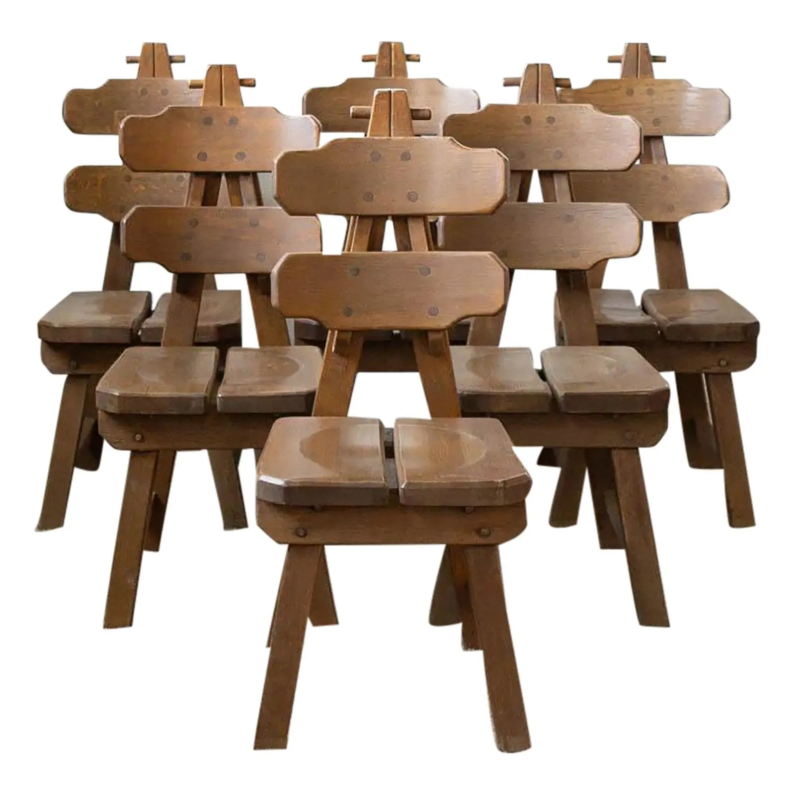 1960s Spanish Brutalist Oak Dining Chairs - Set of 6