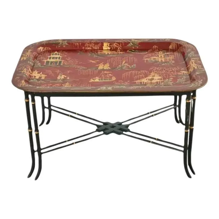 English Chinoiserie Style Faux Bamboo Lacquered Tray Table