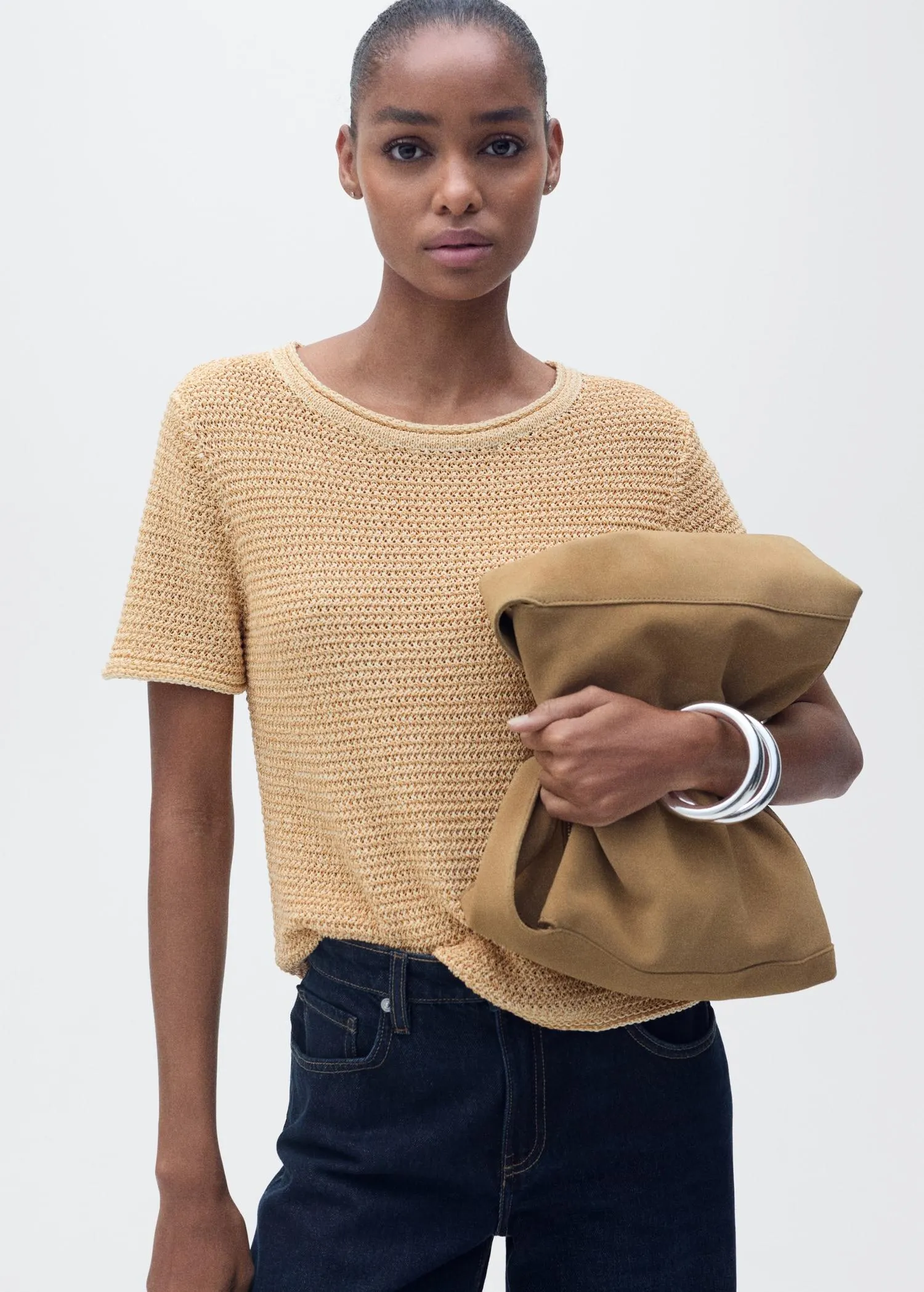 Short-sleeved chunky-knit sweater