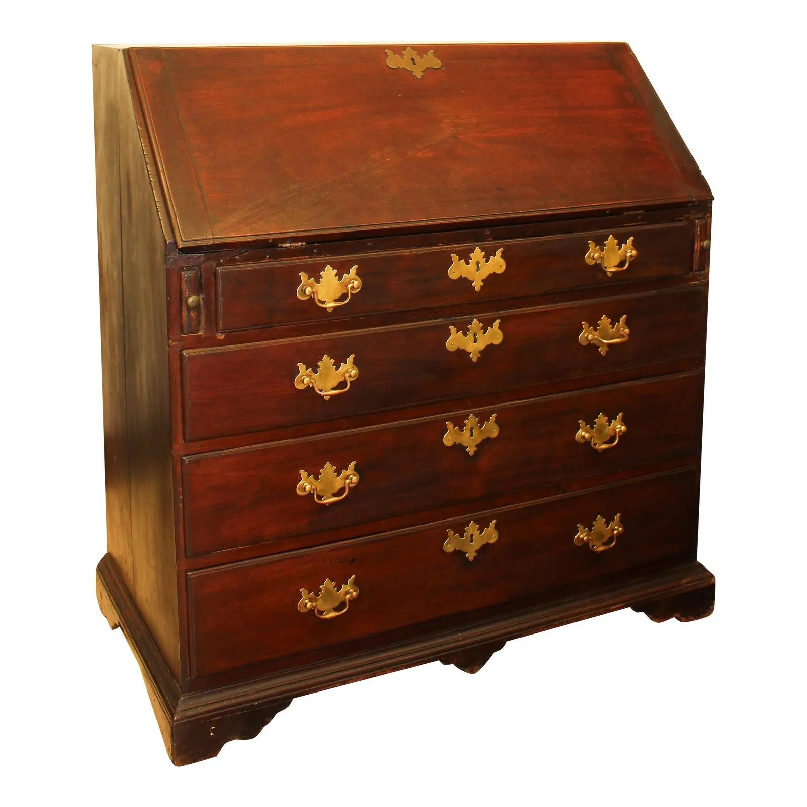 Antique Solid Mahogany Secretary Desk With Brass Hardware, Signed Plymouth Ma (Massachusetts)