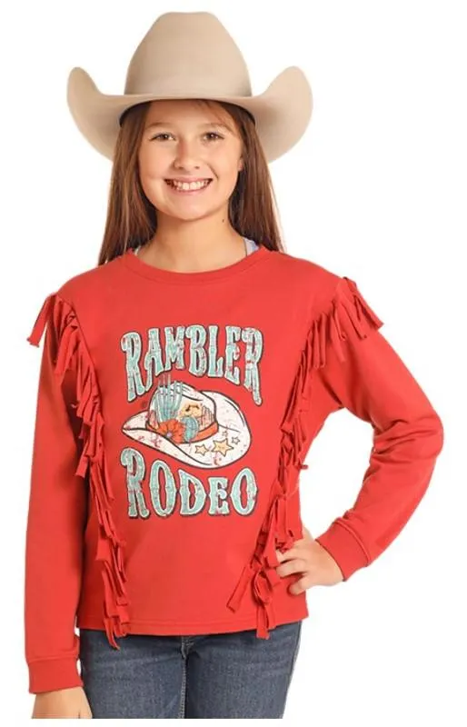 Rock & Roll Denim Girls Rust Rambler Rodeo Graphic Long Sleeve Pullover with Fringe