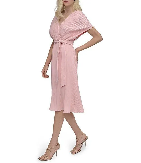 DKNY by Donna Karan Woven Crossover V-Neck Short Dolman Sleeve Belted A-Line Dress