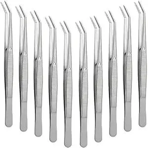 Honoson 10 Pcs Stainless Steel Tweezers for Crafting with Curved Serrated Tip Multipurpose Forceps Sewing Machine Tweezers Bulk (Silver)
