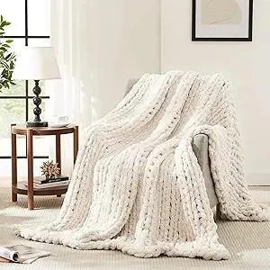 L'AGRATY Chunky Knit Blanket Throw,Soft Chenille Yarn Throw 50x60，Handmade Thick Cable Knit Crochet Blanket, Large Rope Knot Throw Blanket for Couch Home Decor