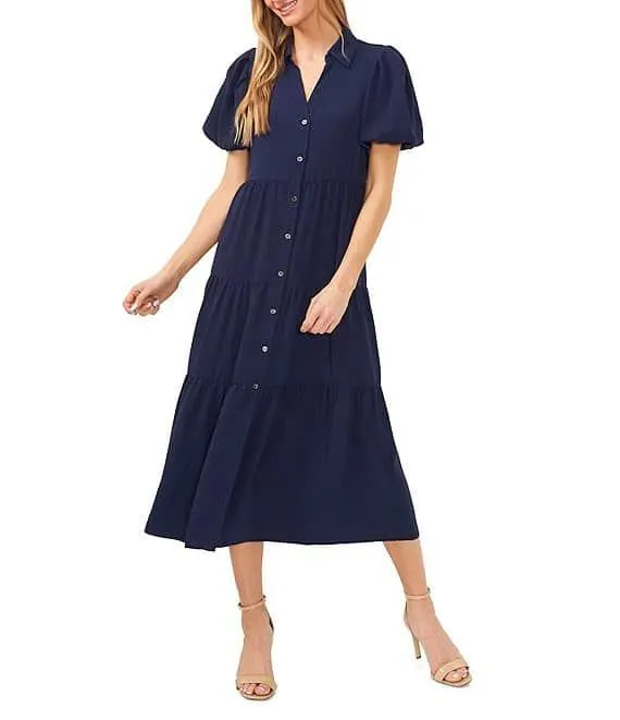 Gauze Point Collar Short Puff Sleeve Button Front Tiered Midi Shirt Dress