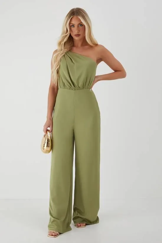 Knot Detail Asymmetric Neck Wide Leg Jumpsuit