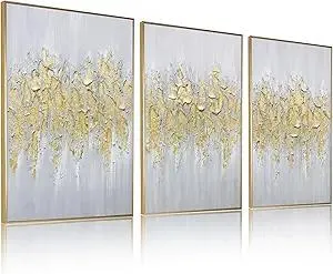 Zessonic Abstract Wall Art For Living-room: Framed Glam Gold Hand-Painting Canvas Art for Bedroom Decor Glitter Abstract Artwork for Modern, Contemporary Decor, (Set of 3, 24 x 36 Inches for Each)