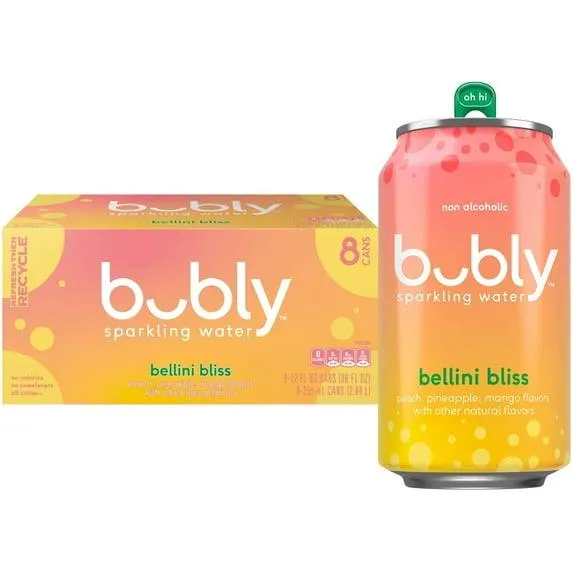 bubly Bellini Bliss Sparkling Water, 12 fl oz, 8 Pack Cans