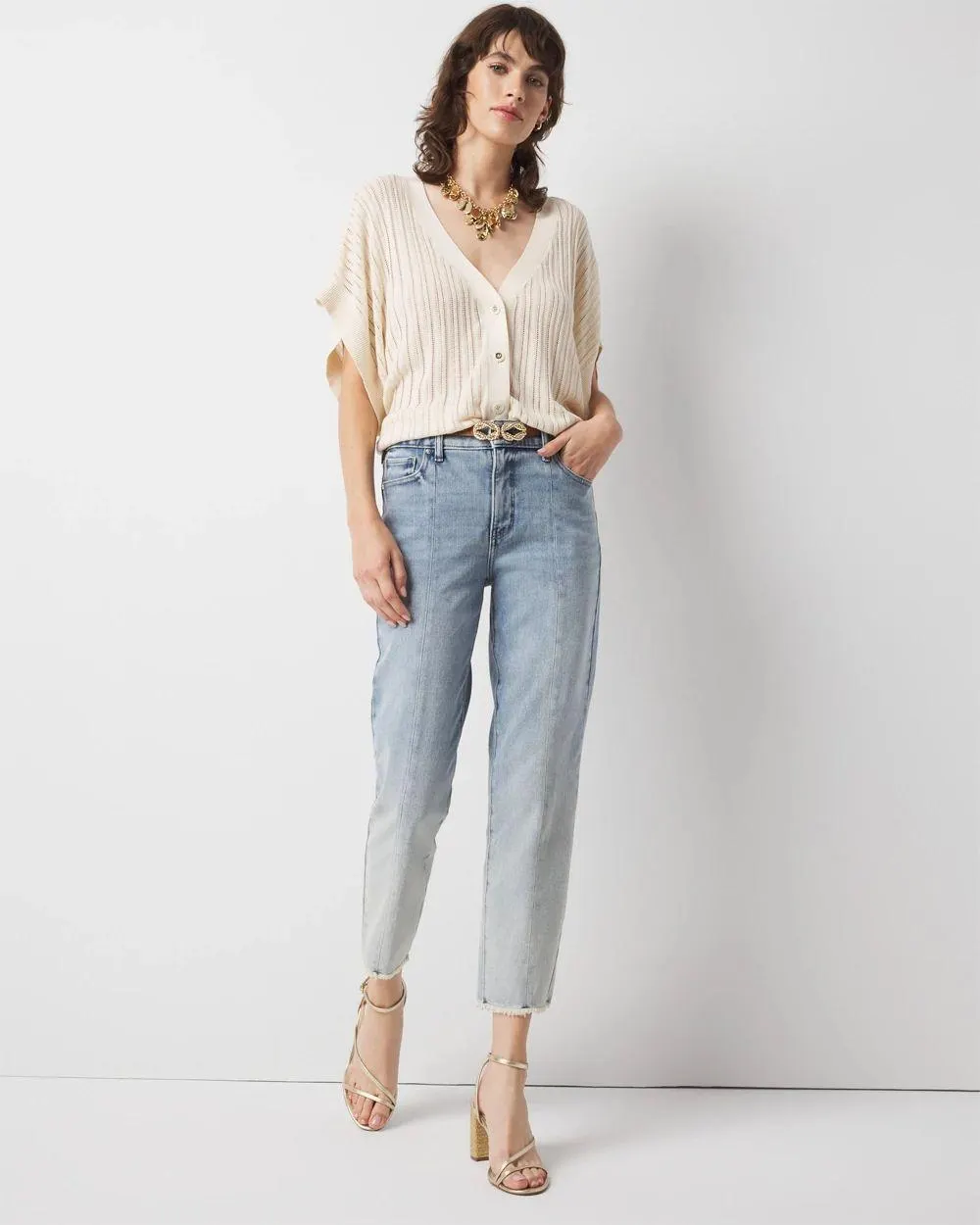 High-Rise Raw Hem Pintuck Straight Jean with Slit