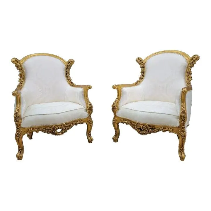 Pair of Mid 20th Century French Style Gold Leafed Damask Silk Armchairs