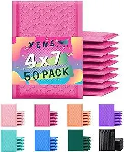 Yens Poly Bubble Mailers 4x8 50 Pack Hot Pink Waterproof Self Seal Adhesive Shipping Bags, Cushioning Padded Envelopes for Shipping, Mailing, Packaging Usable 4x7
