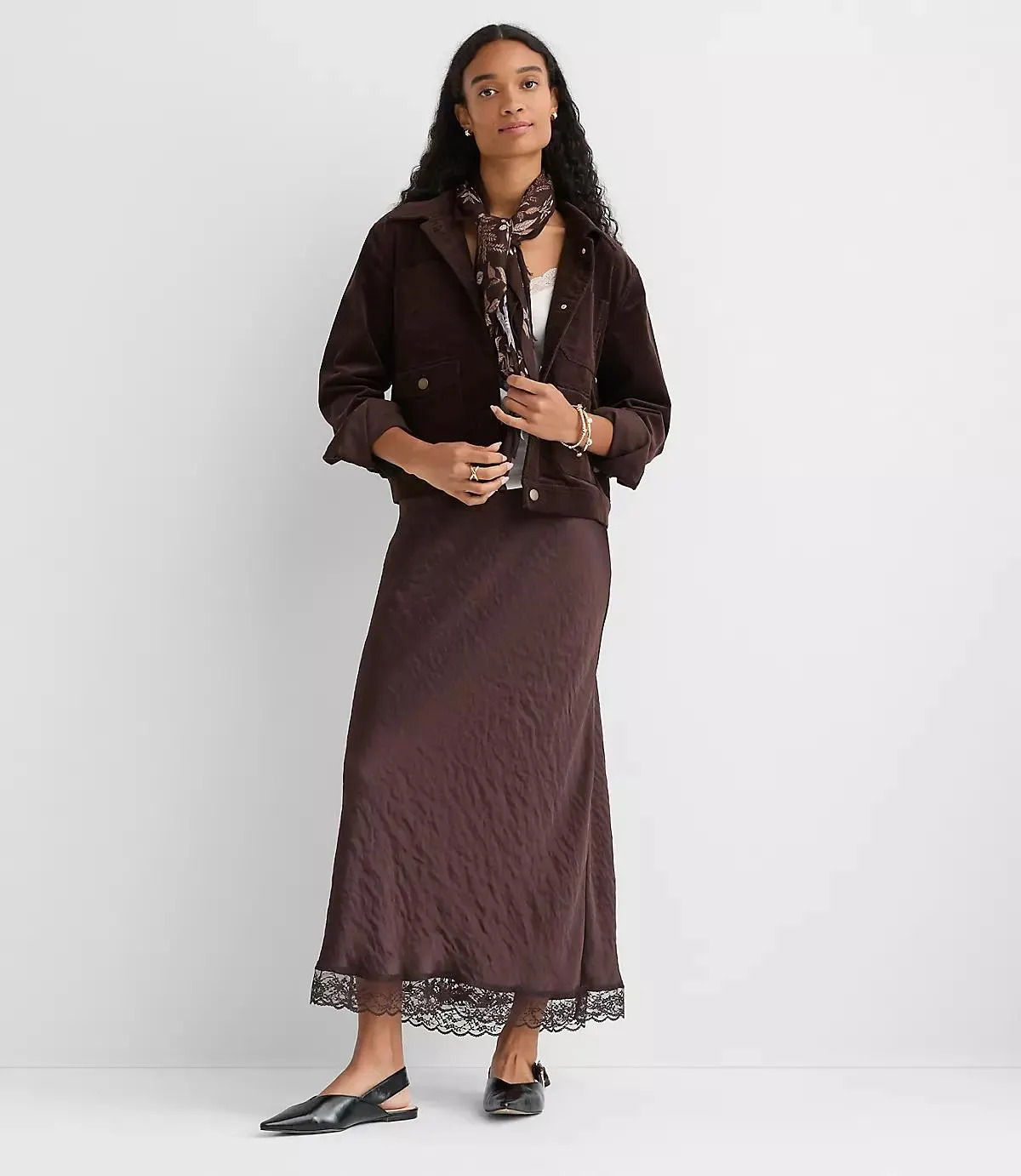 Lace Trim Satin Bias Maxi Skirt