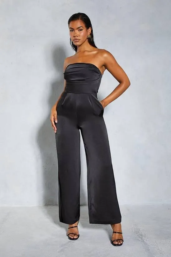 Satin Bandeau Ruched Bust Straight Leg Jumpsuit