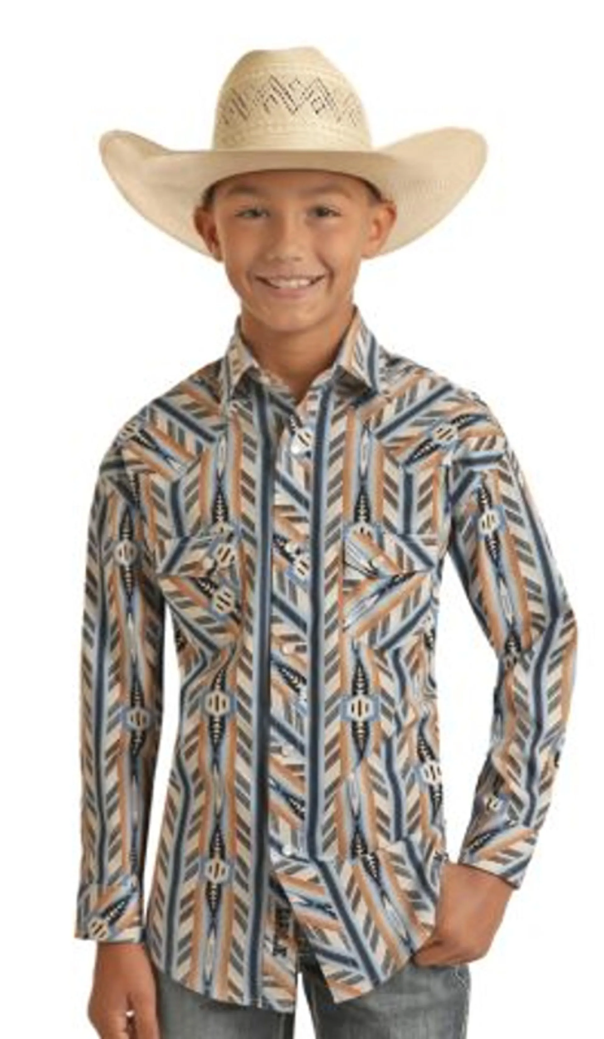 Rock & Roll Denim Boy's Blue/Gold Dale Brisby Aztec Long Sleeve Snap Shirt