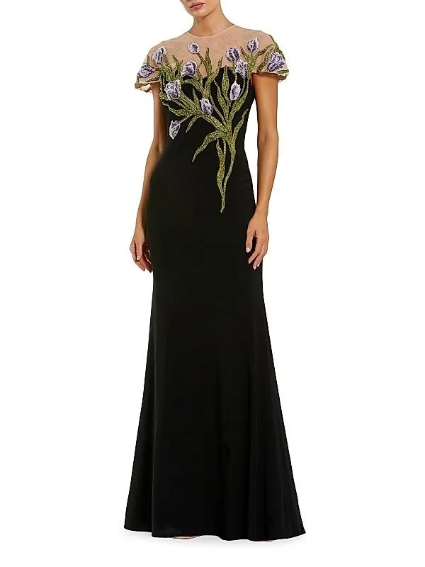 Evening Embroidered Jersey Illusion-Neck Gown