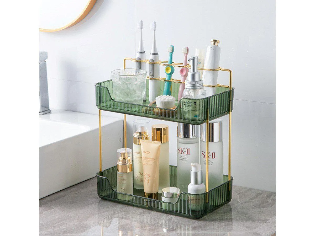 MPM 2 Tiers Storage Rack with Toothbrush Toothpaste Makeup Brush Holder, Storage Organizers, Multifunctional Stand Rack for Bathroom Bedroom Vanity Office Dresser Accessories and Essentials